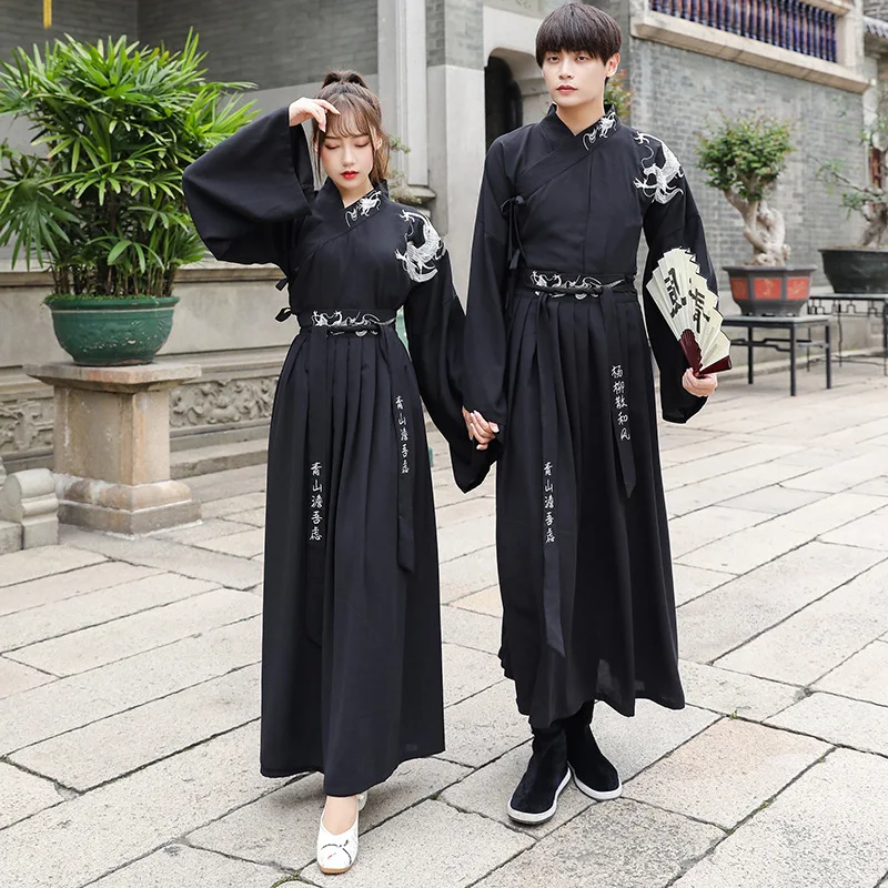 Chinesische traditionelle Hanfu Kleider Männer und Frauen Drachens tickerei schwarz Cosplay Cardigan Paar Kostüme Kleidung 3 Stück volle Anzüge