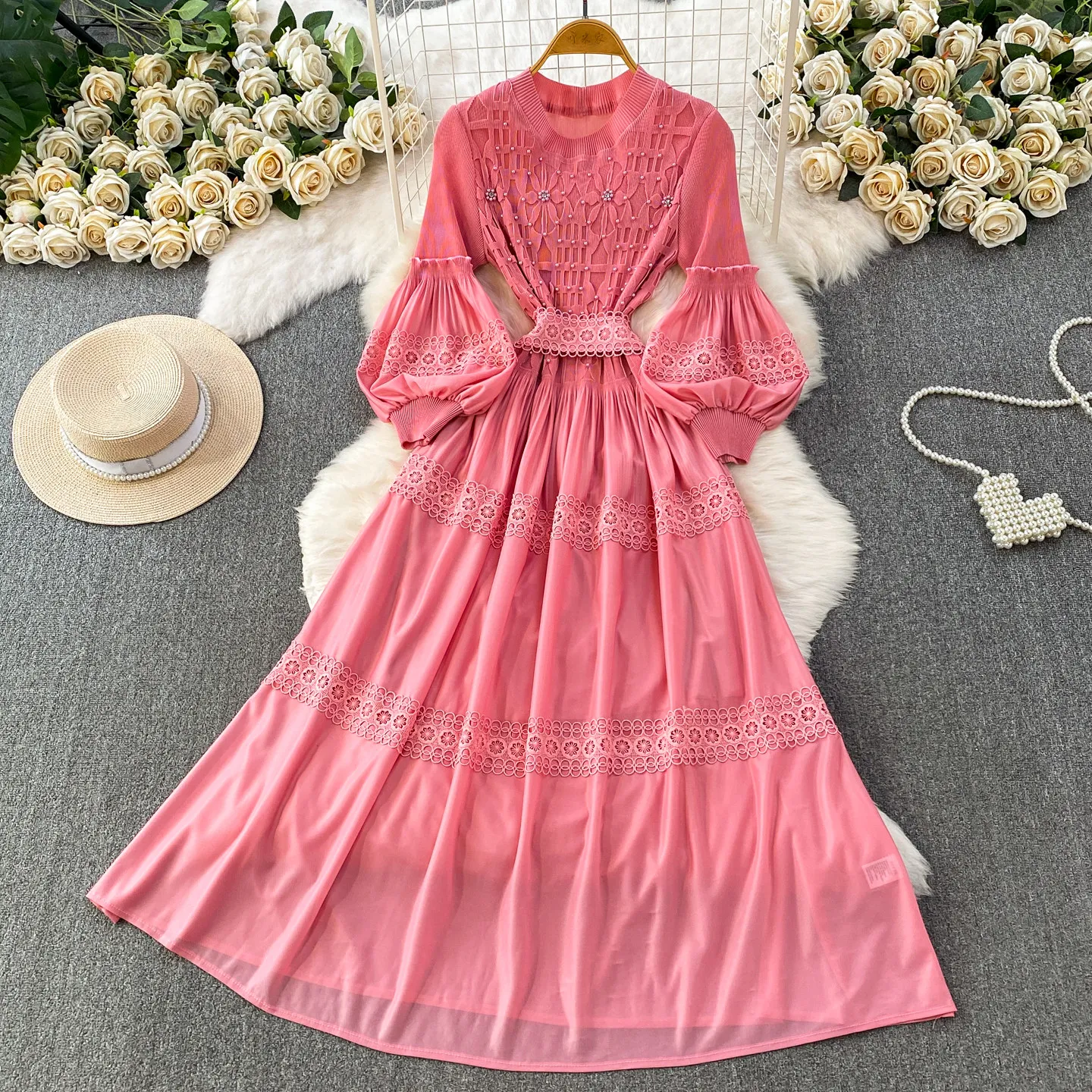Lanternärmel Spitzen-Patchwork Maxikleid mit Taillenbund A-Linie Plissiert Vestidos Frühlings-Urlaubskleid