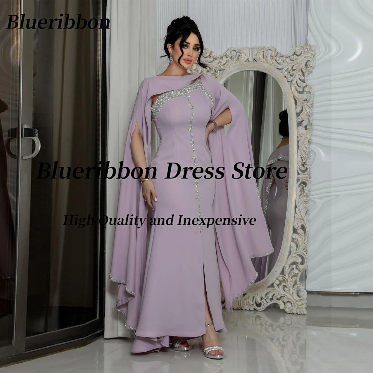 

Blueribbon Robe Des Marrige Beaded Spaghetti One Shoulder Evening Dresses Long Sleeves Wraps Wedding Party Side Slit Prom Gowns