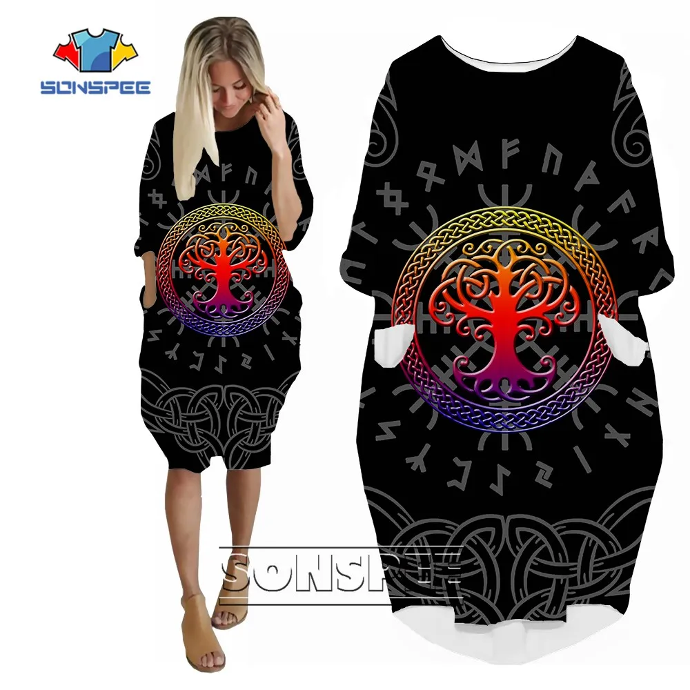 SONSPEE Black Viking Pattern 3D Printed Women's Cool Dress Long Sleeve Viking Age Wicing Graphic Harajuku Pocket Skirt Skirts