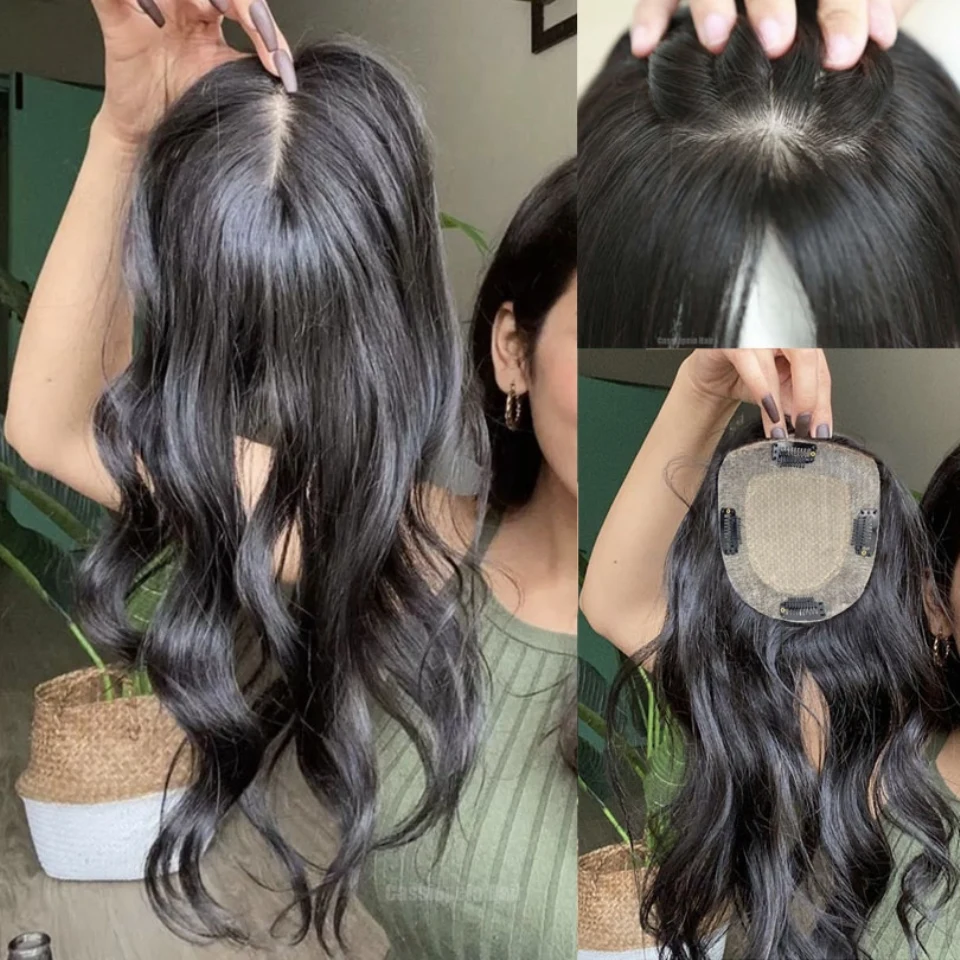 Natural Wave Human Hair Topper Silk Base 15x16CM Breathable women's Silk Top Hair Piece Clip In for Thin Hair Free Parting