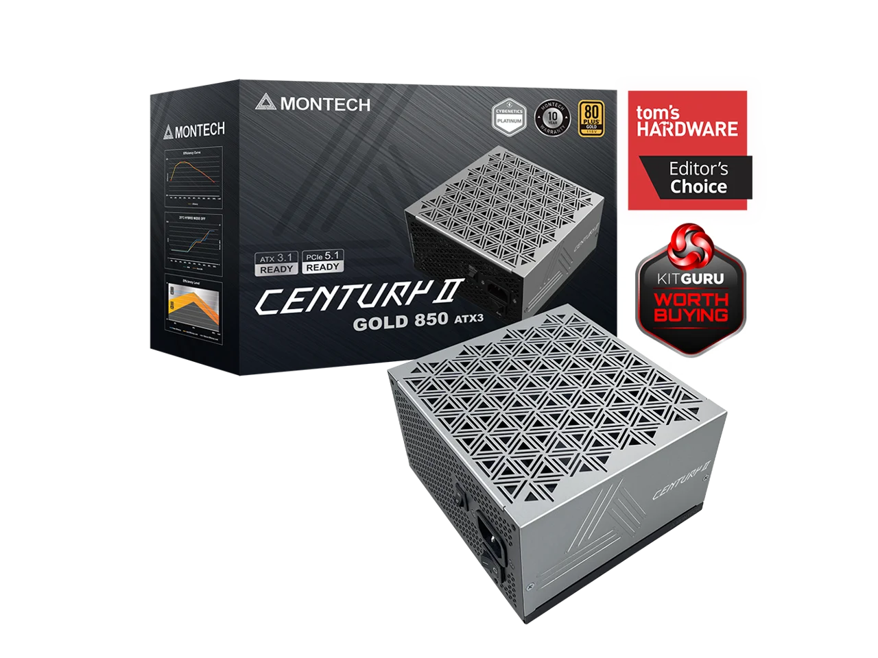 MONTECH CENTURY II - 850W High-End ATX Gaming Power Supply - 80 Plus Gold & Cybenetics Platinum