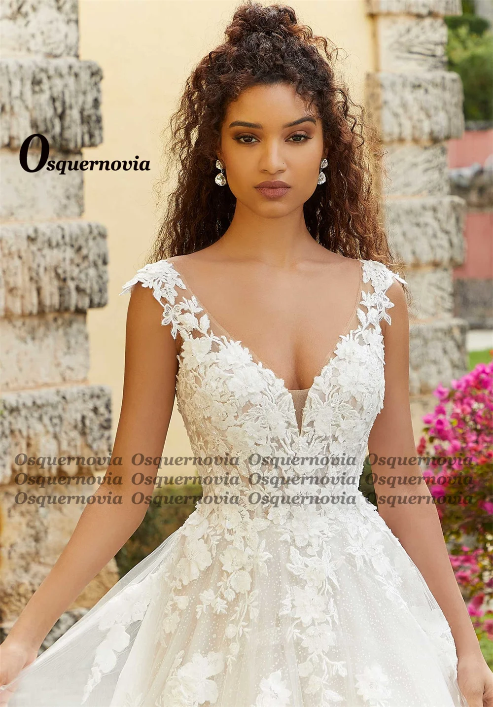 Osquernovia Polka Dot Wedding Dresses for Brides Court Train A-line V-neck Button Lace Appliques Vestido De Noiva  Customised