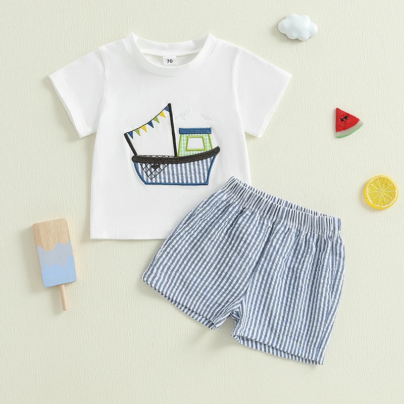 Baby Toddler Boy Shorts Set Boat Embroidery Short Sleeve T-shirt Striped Elastic Waist Shorts 2 Piece Summer Outfit