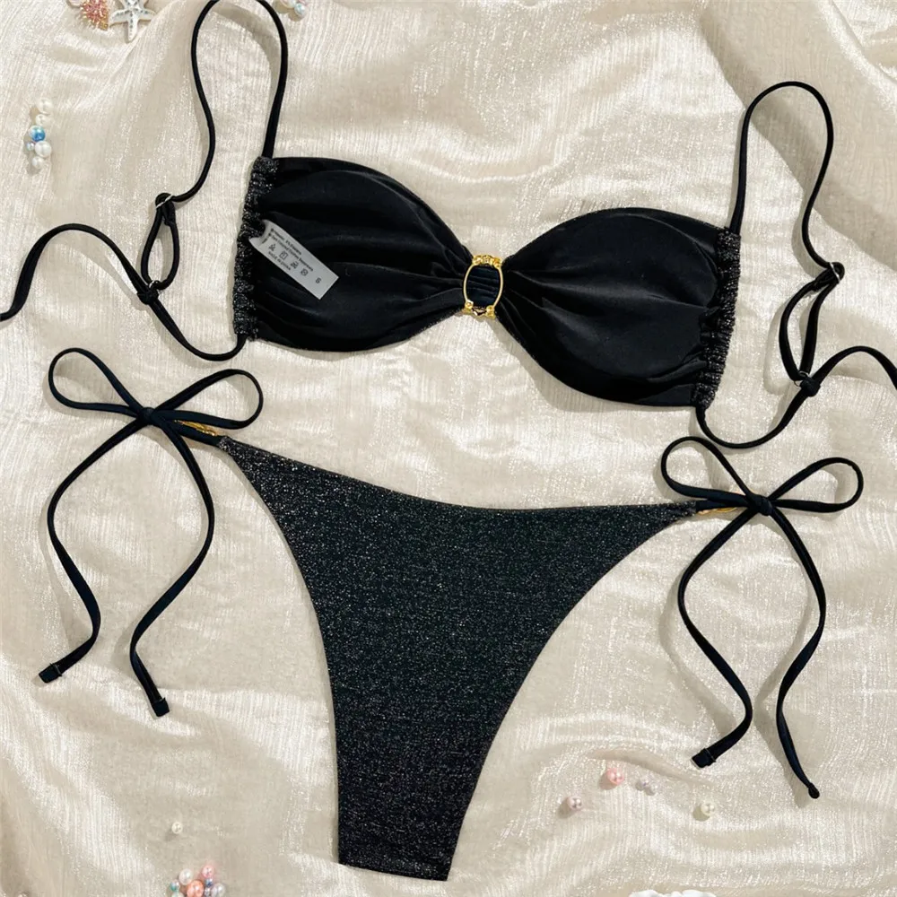 Black Shiny Bandeau Swimwear Metal Shell Bikini 2025 Micro Thong String Lace-up Sexy Swimsuit Women Bathing Suit Bikinis Sets