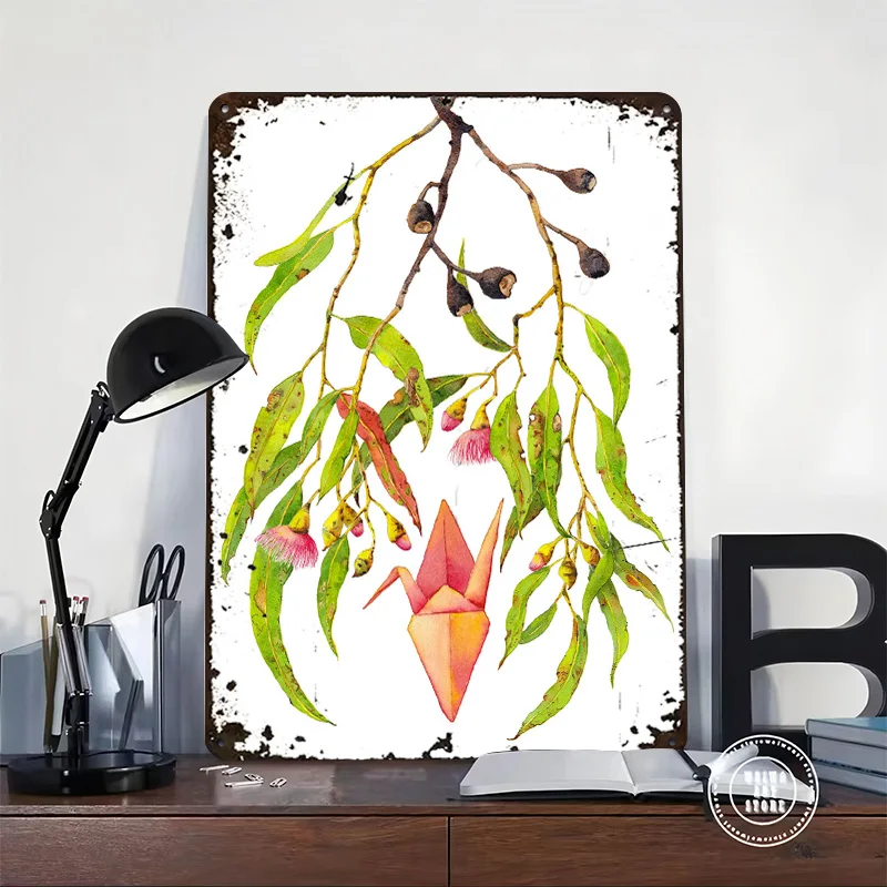 Eucalyptus Origami Crane 3D Texture Printed Poster Custom Vintage Metal Tin Plate Sign for Wall Art Home Decor Accessories House