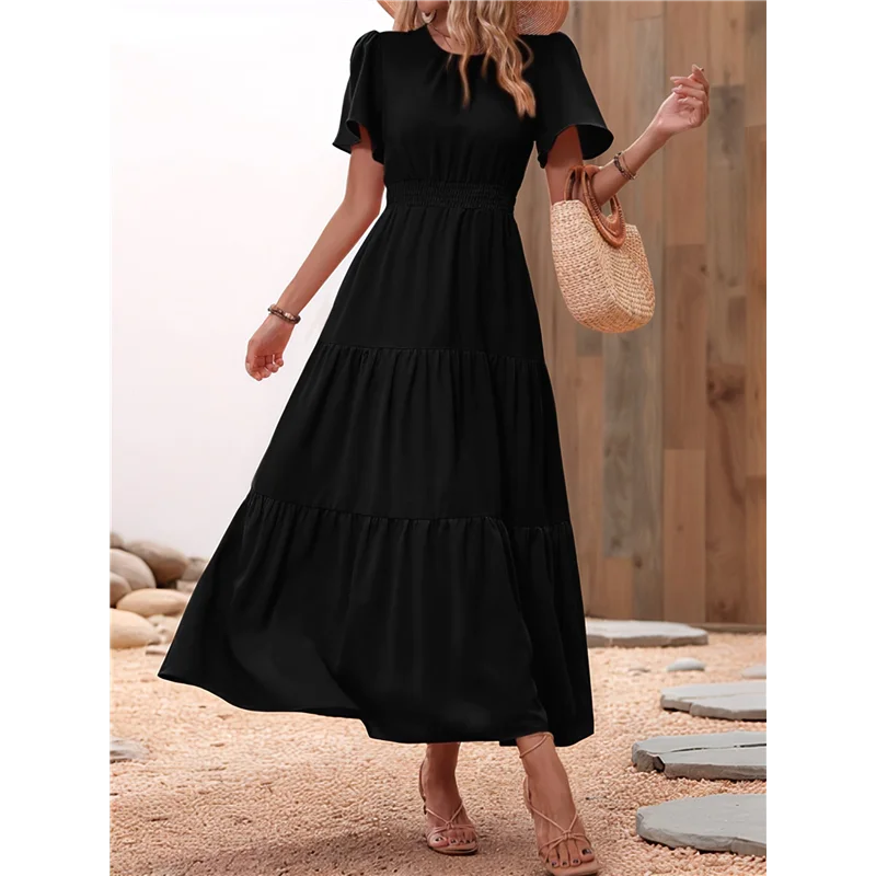Women's Summer Casual Short Flutter Sleeve Round Neck Smocked Waist Tiered Boho Floral Flowy Maxi Dress-A55G