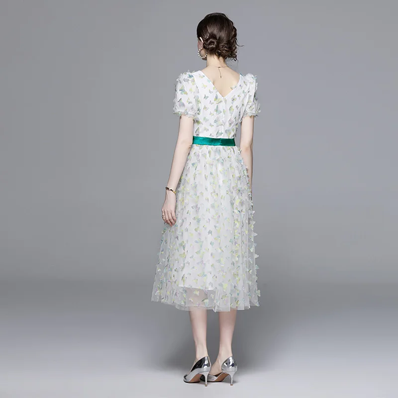 E Vestido de Malla con Mariposas 3D de Ensueño, Cuello Cuad, Estilo de Princesa de Cuento de Hadas, Falda Larga co...