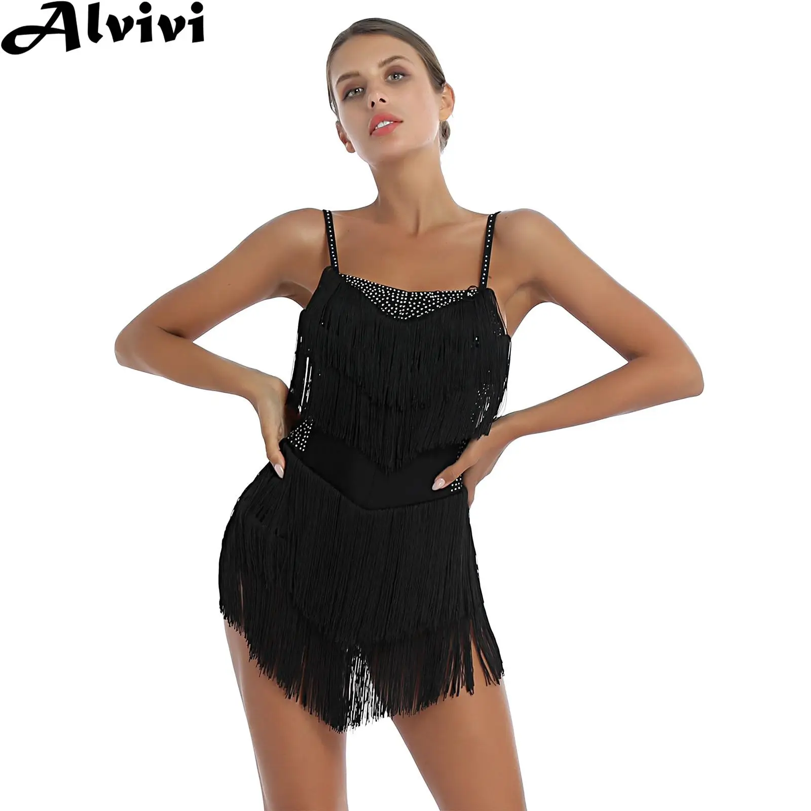 

Women Sleeveless Tassel Latin Dance Leotard Dress Backless Rhinestone Samba Cha Cha Rumba Dancing Performance Costume Dancewear