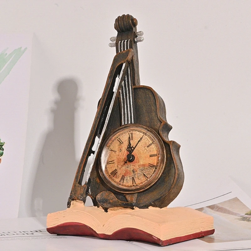 Vintage Violin Clock Rests on Music Book Alarm Clock Statue Guitar Ornament Student Gift for Home Bedroom Office Dropshipping