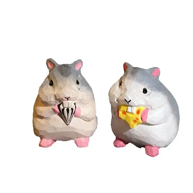 Gourmet Hamster Hand Carved Wood Sculpture Adorable Rodent Figurines Desk Decoration Handmade Wooden Animal Ornament Home Decors