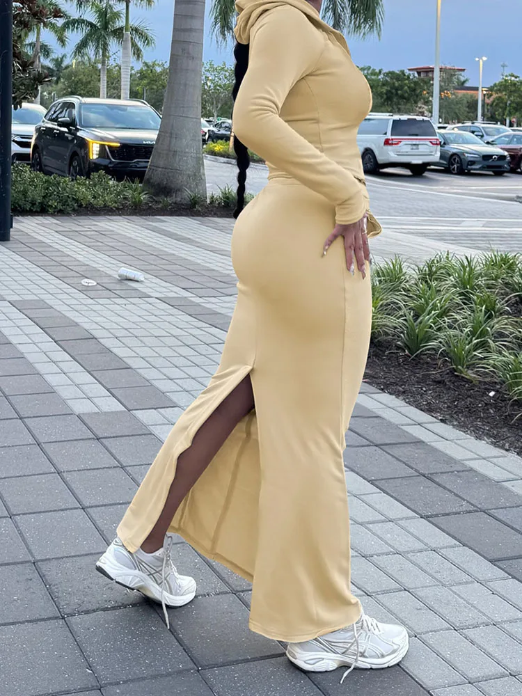 الخريف الشتاء 2 قطعة مجموعة للمرأة الملابس عارضة طويلة الأكمام مقنعين سستة سترة معطف وتنورة طويلة مطابقة مجموعات وتتسابق