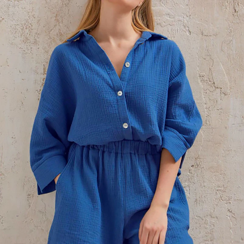 

Elegant Multi Color Solid Shirts Outfits Fashion Lapel Button Tops and Short Pant Sets Women Casual Long Sleeve Loose 2Pc Suits