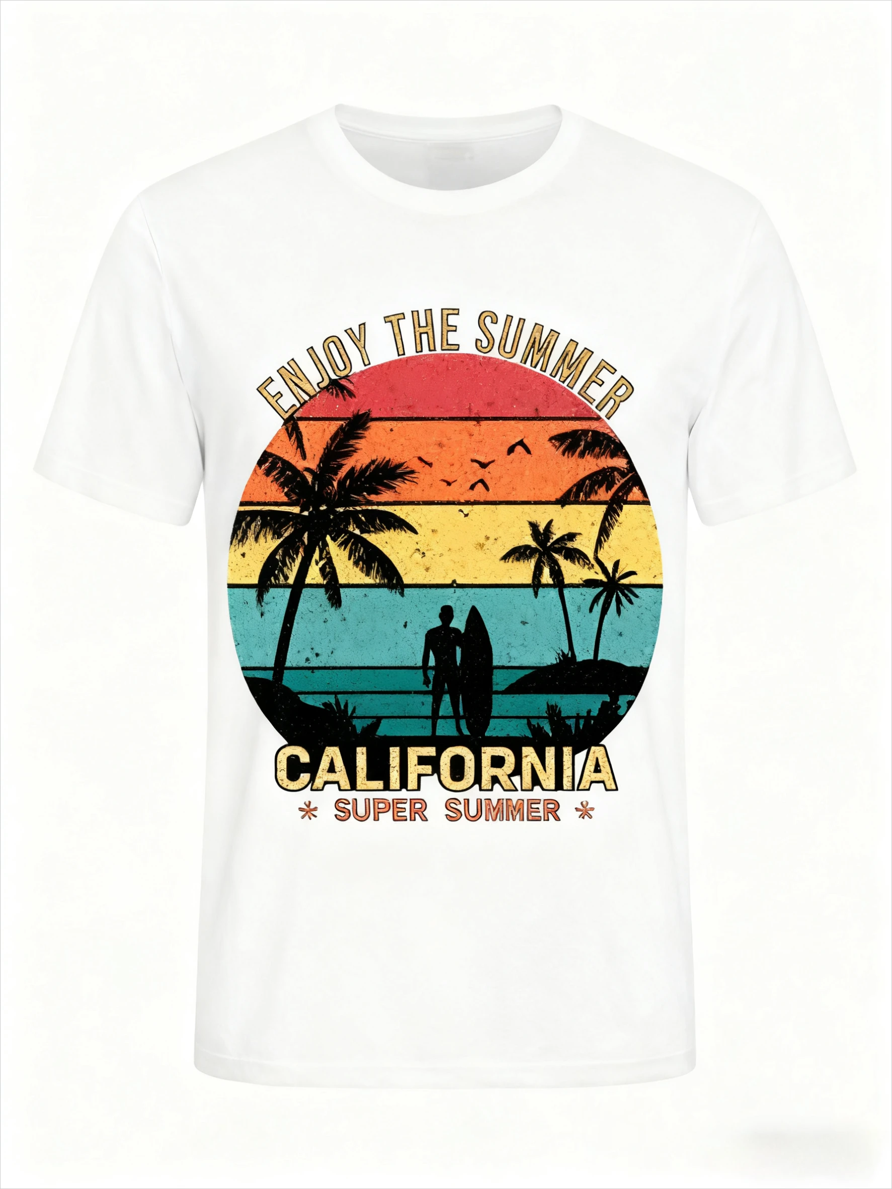 تي شيرت مطبوع عليه Intage California Surf Graphic تي شيرت قطني مطبوع عليه شجرة النخيل الصيفية، تي شيرت ريترو للشاطئ