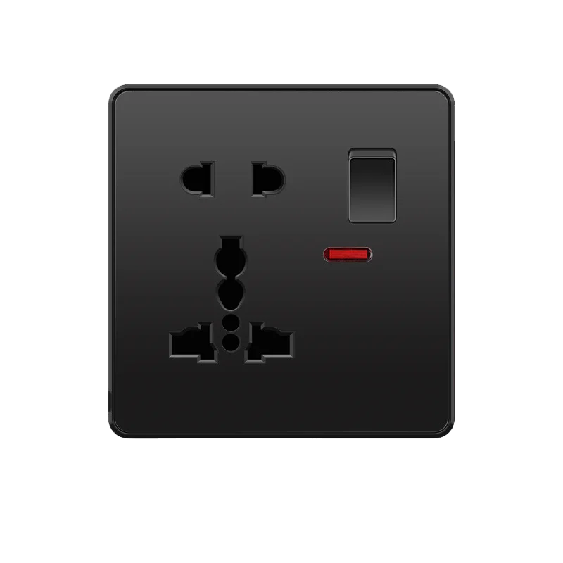 UK Standard 86*86mm 5pin universal Socket 250V PC Panel Matte Black Wall Socket Outlet