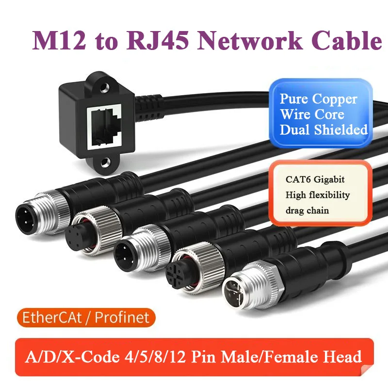 M12 4Pin 8Pin A D X Code Aviation Head to RJ45 Ethernet Cable CAT6 Shielded Coding Line M12 Male Female Conncector to RJ45 Wire