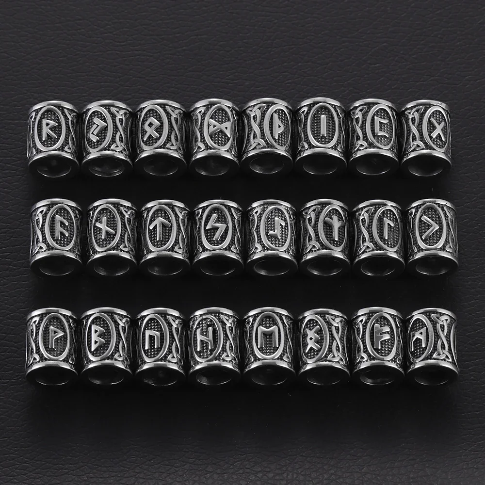 24pcs Stainless Steel Viking Rune Beads for Hair Beards Large Hole 6mm 8mm Elder Futhark Jewelry Bracelet Making DIY Supplies