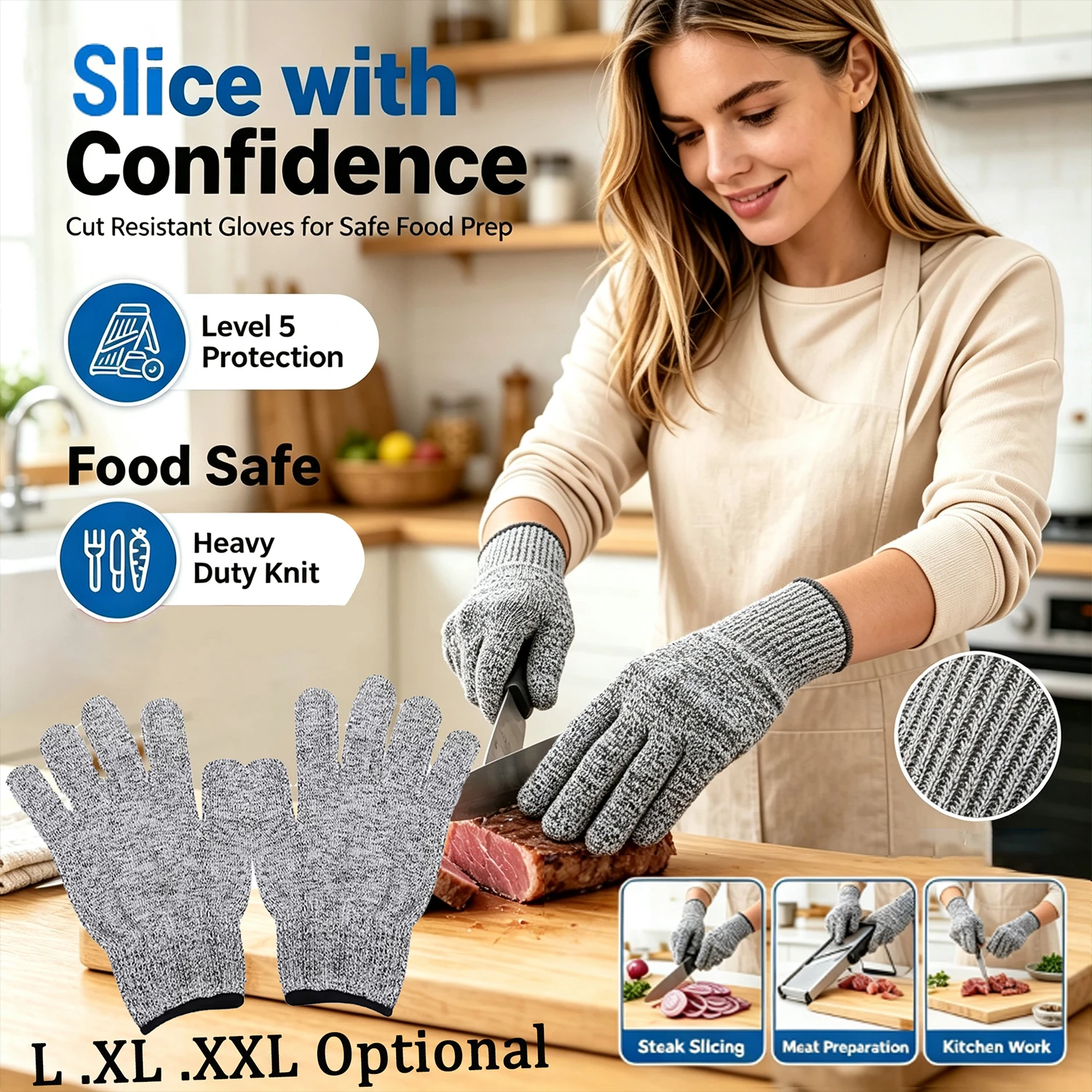Level 5 Protection Cut Resistant Gloves Food Safe Heavy Duty Knit Anti-Cut Gloves, Multipurpose Safety Gloves for Cooking, Glass