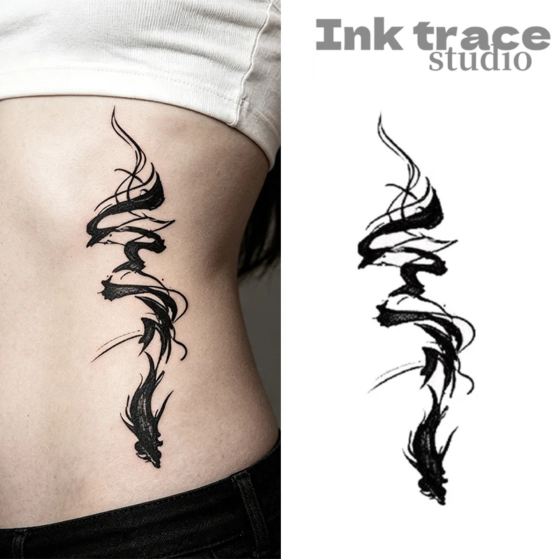 Abstract Brush Stroke Chinese Dragon Temporary Tattoo Black Ink Waterproof Fake Body Art Sticker for Waist Ribs Side