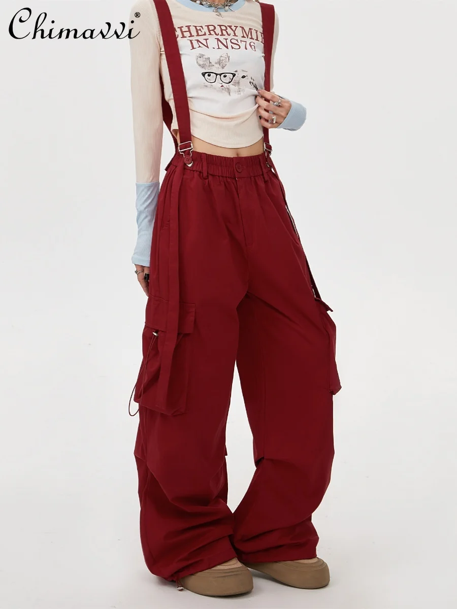 Salopette à jambes larges bordeaux, pantalons de Jazz américain de rue, pantalon hip-hop pour femmes, vêtements d'automne pour dames, 2025