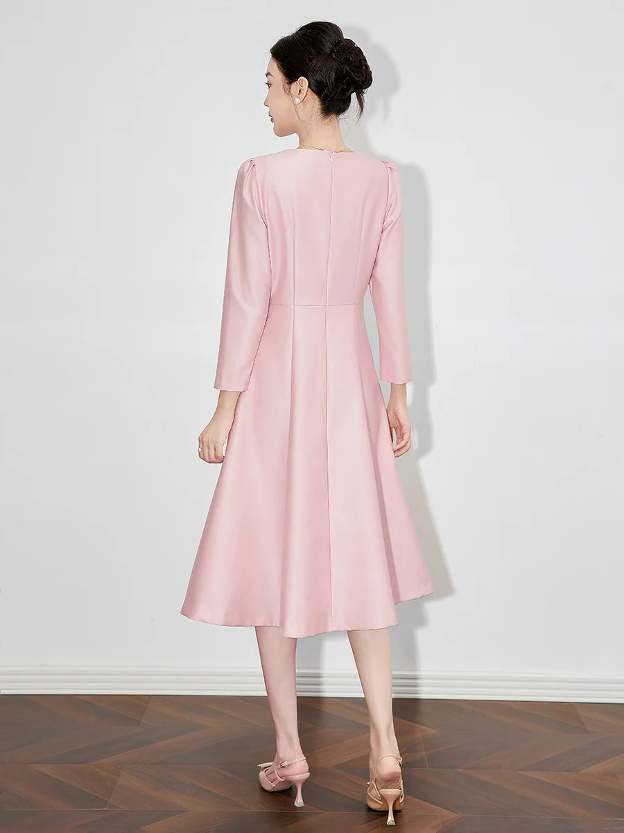 Luksusowe sukienka midi z okrągłym dekoltem wiosenne damskie z długimi rękawami luźne sukienki letnie z wysokim stanem sukienka do kolan na zamek