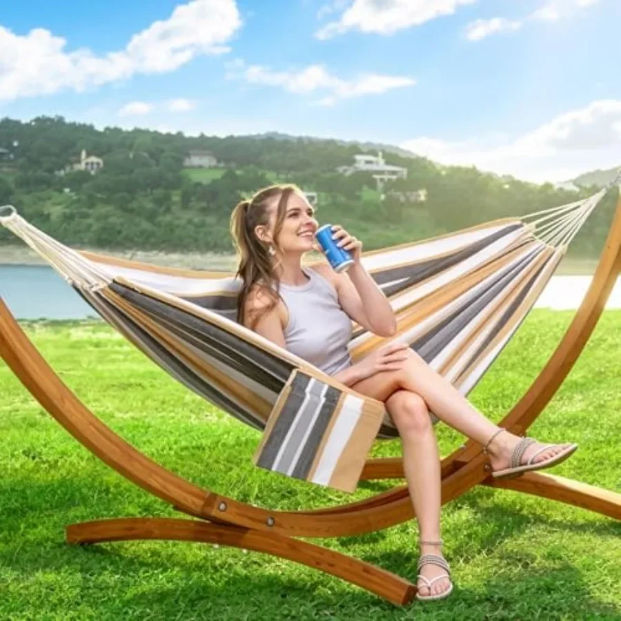 Freestanding Hammock with 10 Feet Wooden Stand for outdoor use, natural wood finish, weather-resistant rope, easy assembly and