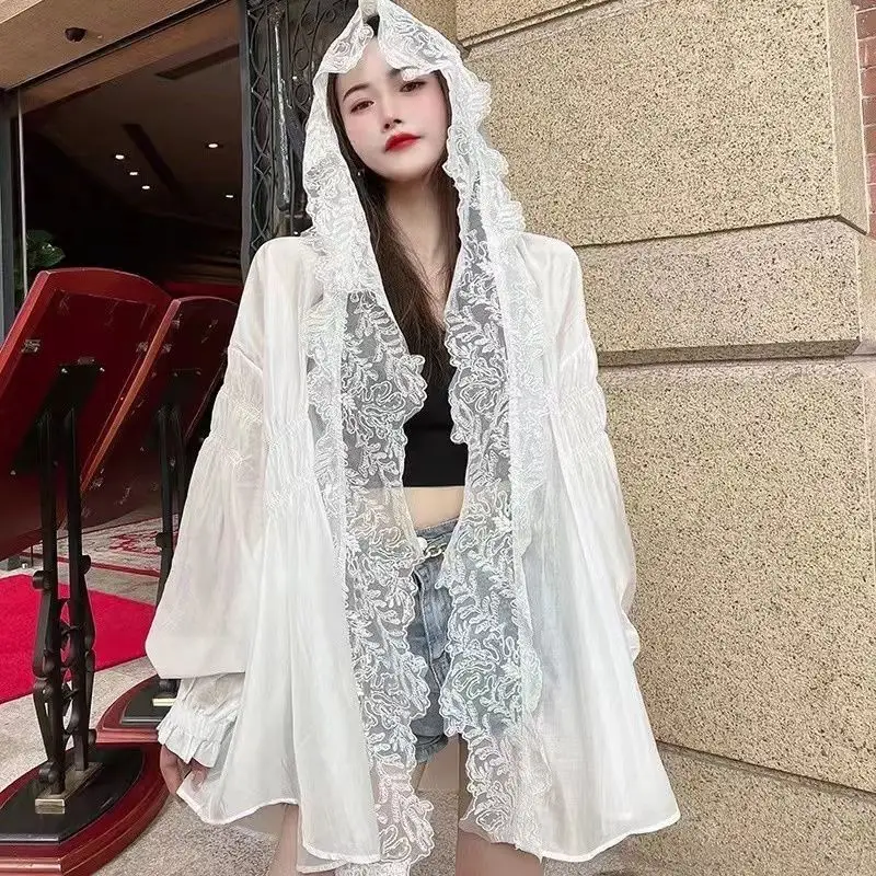 

Large Size Summer New Sle Long Sve Lace UV Protection Outerwear Women Loose Sweet Anti Ultraviolet Ray Hooded Sunscreen ...