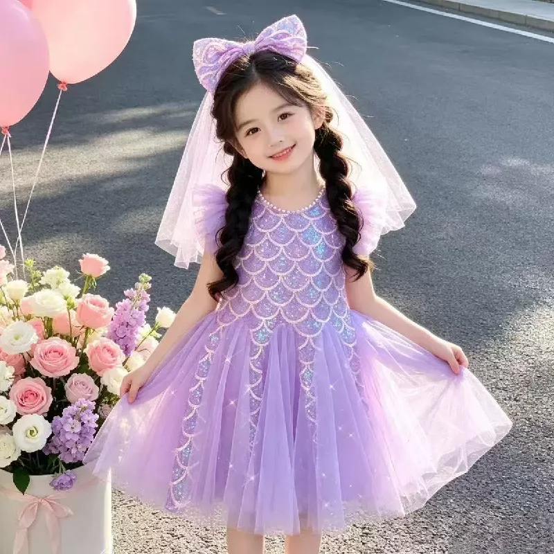 Girls Sparkling Tulle Dress Kids Fashionable Sequined Princess Dresses Children Performance Dress Birthday Party Dress up