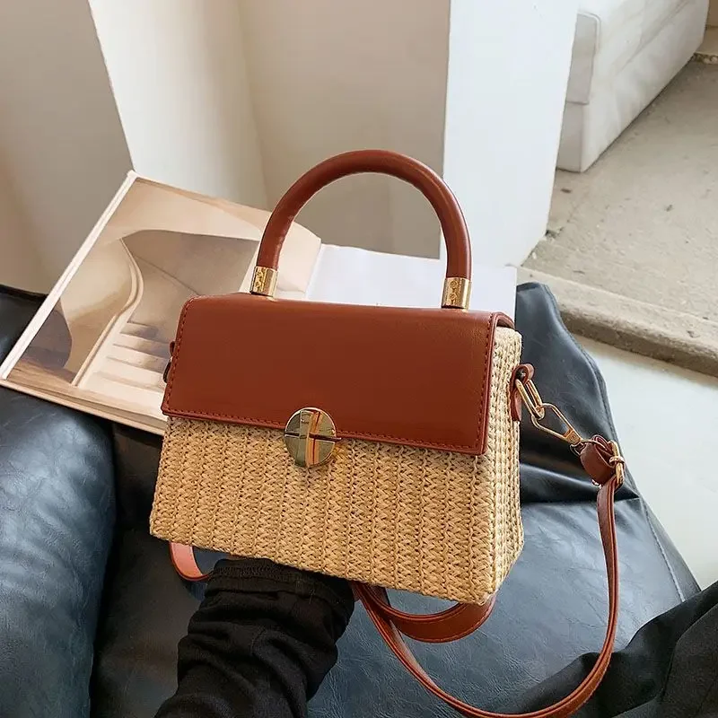 High end woven small square bag new women handbag fashion design splicing contrasting shoulder crossbody bag vacation beach bag