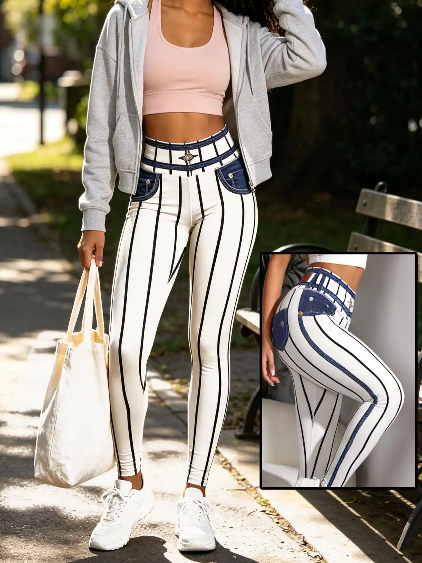 Simple, elegant and stylish women’s trousers suitable for all seasons, designed to look like jeans; high-stretch, high-waisted,