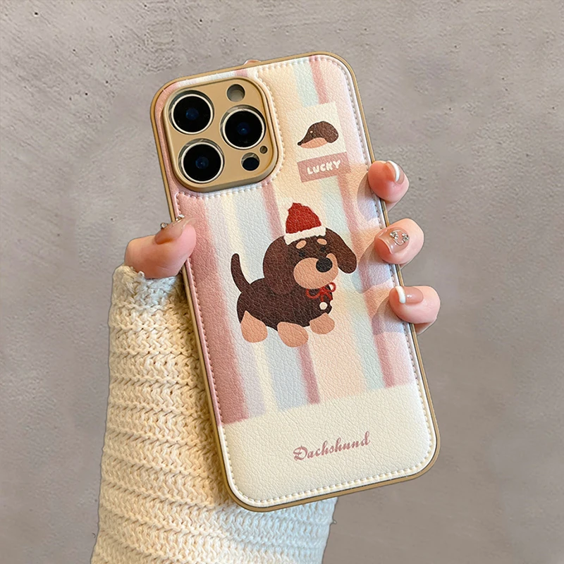 Embroidered Lucky Puppy Dog Folding Bracket Back Cover Case For iPhone 16 15 13 14 Pro Max