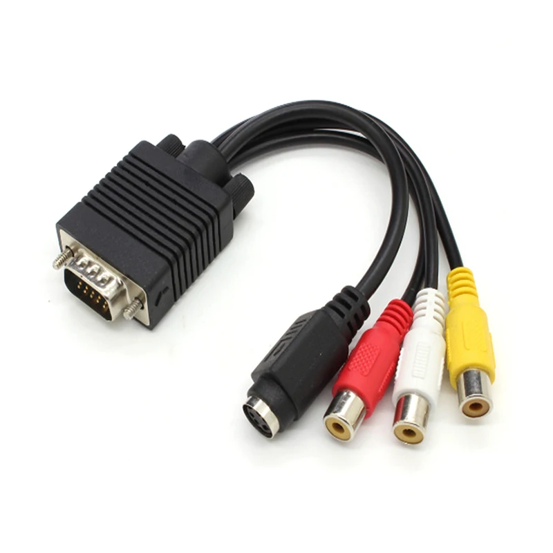 สายแปลงสัญญาณ VGA SVGA 15 พิน ตัวผู้ เป็น S-VIDEO 3 RCA แจ็ค สำหรับทีวี AV คุณภาพสูง