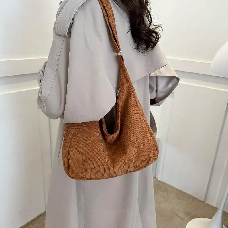 Corduroy Hobo Shoulder Bag Adjustable Strap Multi Compartment Large Capacity Tote for Student School Book Carry Daily