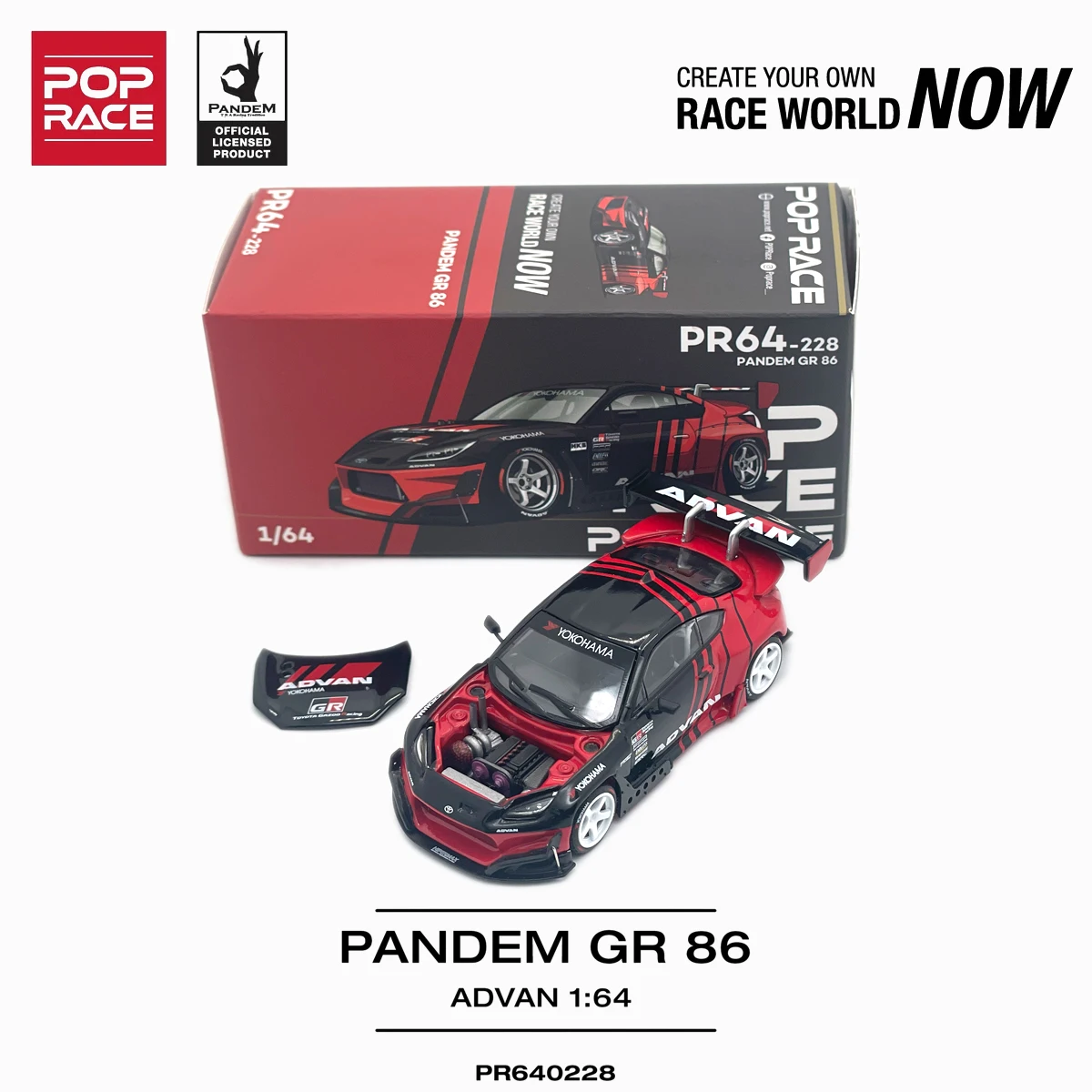 In Stock Ready To Ship Pop Race PR640228 1:64 Pandem Toyota GR86 Advan Black Red Widebody Open Hood JDM Diecast Model Car