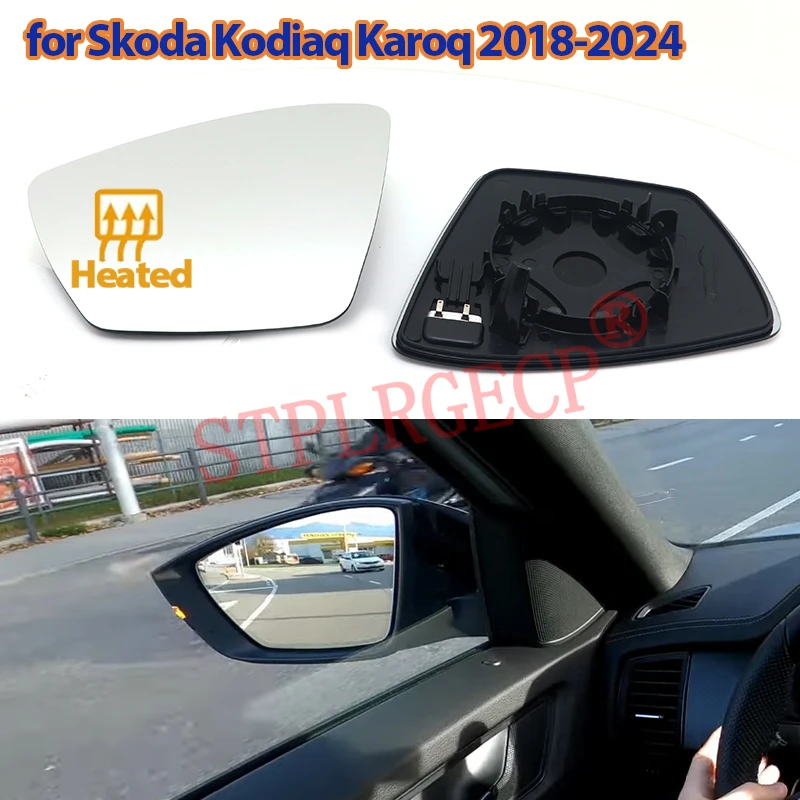 Car Auto Replacement Side Rearview Mirror Heating Glass Heated Mirror Lens with Plate for Skoda Kodiaq Karoq 2018-2024