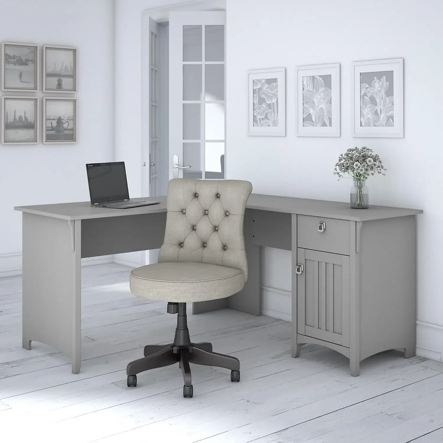 60W L Shaped Desk with Mid Back Tufted Office Chair in Cape Cod Gray