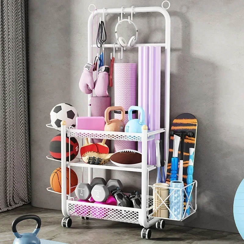 Large Capacity Fitness Sports Equipment Storage Rack Household Movable Yoga Mat Basketball Badminton Racket Organization Shelves