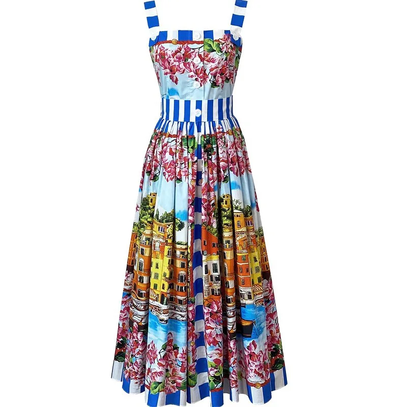 여성용 여름 휴가 버튼 스파게티 스트랩 드레스, 런웨이 싱글 브레스티드 플라워 프린트, 해변 휴가 미디 베스티도 캐미솔 