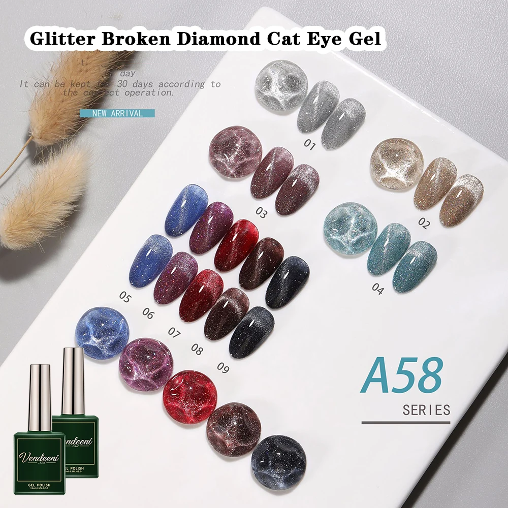 Vendeeni 9 Colors Laser Broken Diamonds Crystal Cat Eye Gel Nail Polish Soak Off Flash Glitter Gel Varnish Magnetic Gel Lacquer