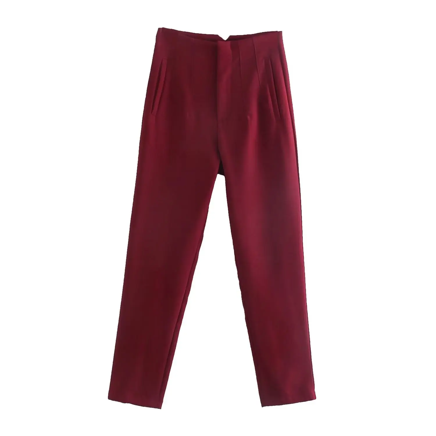 Straight Leg Pants High Waist Full Length Vintage Trousers for Women - Wine Red