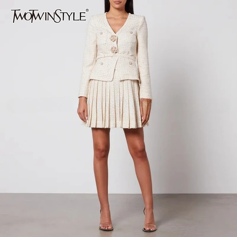 

TWOTWINSTYLE Solid Slimming Two Piece Sets for Women V Neck Long Sleeevs Spliced Button Top High Waist Pleated Skirts Set Female