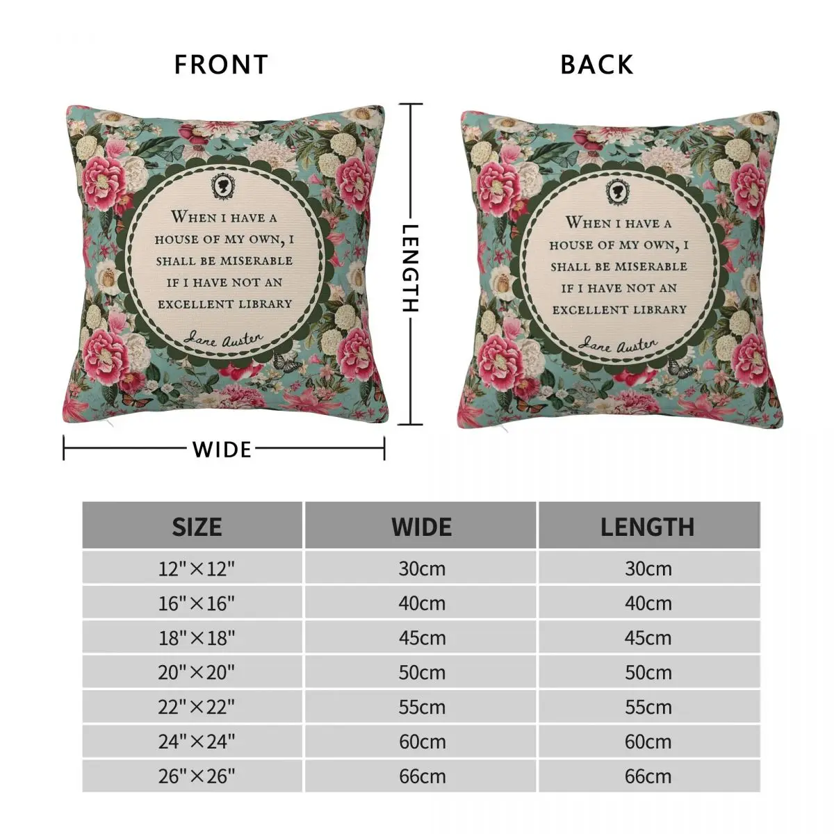 Jane Austen Book Lover Flowers Square Pillowcase Polyester Linen Velvet Printed Zip Decorative Room Cushion Cover 45x45