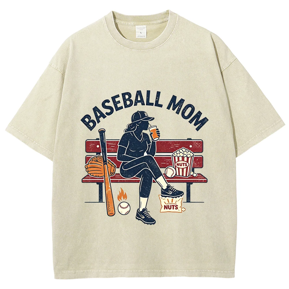 Vintage Washed Baseball Mom Graphic Tee Women Retro Baseball Mama Sitting On Bench Print Short Sleeve Casual Oversized T Shirt