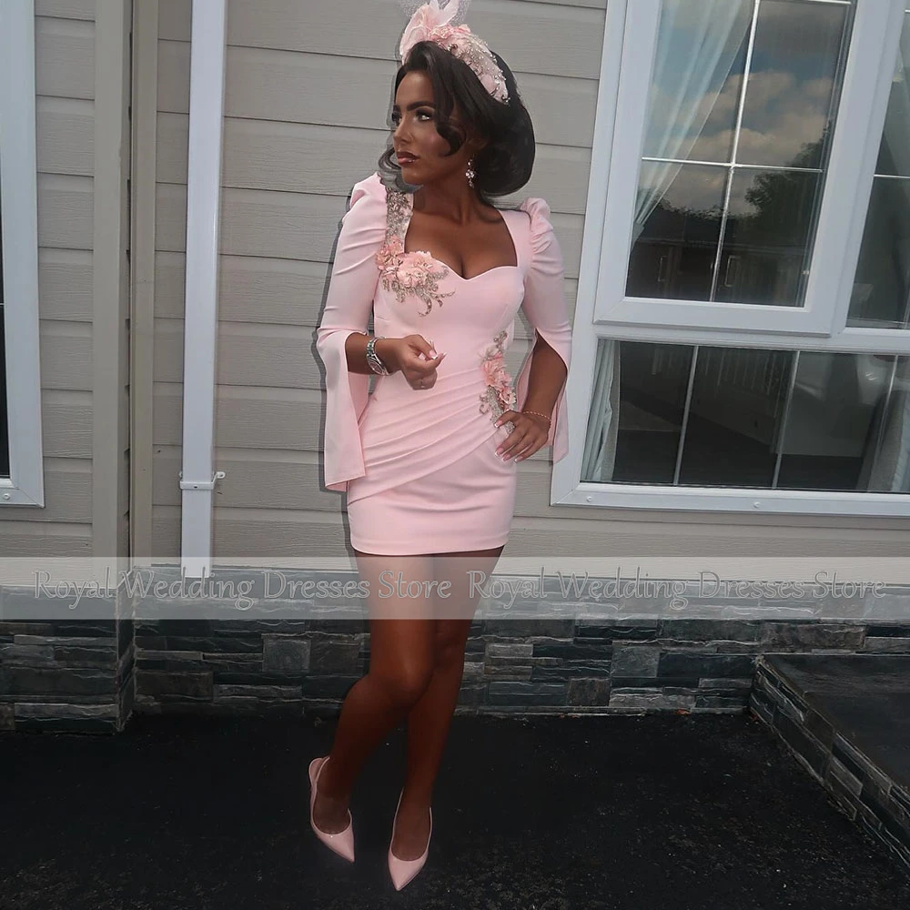 فستان كوكتيل قصير وردي للنساء، فستان كوكتيل غمد فوق الركبة، مزين على شكل قلب وأكمام طويلة للحفلات