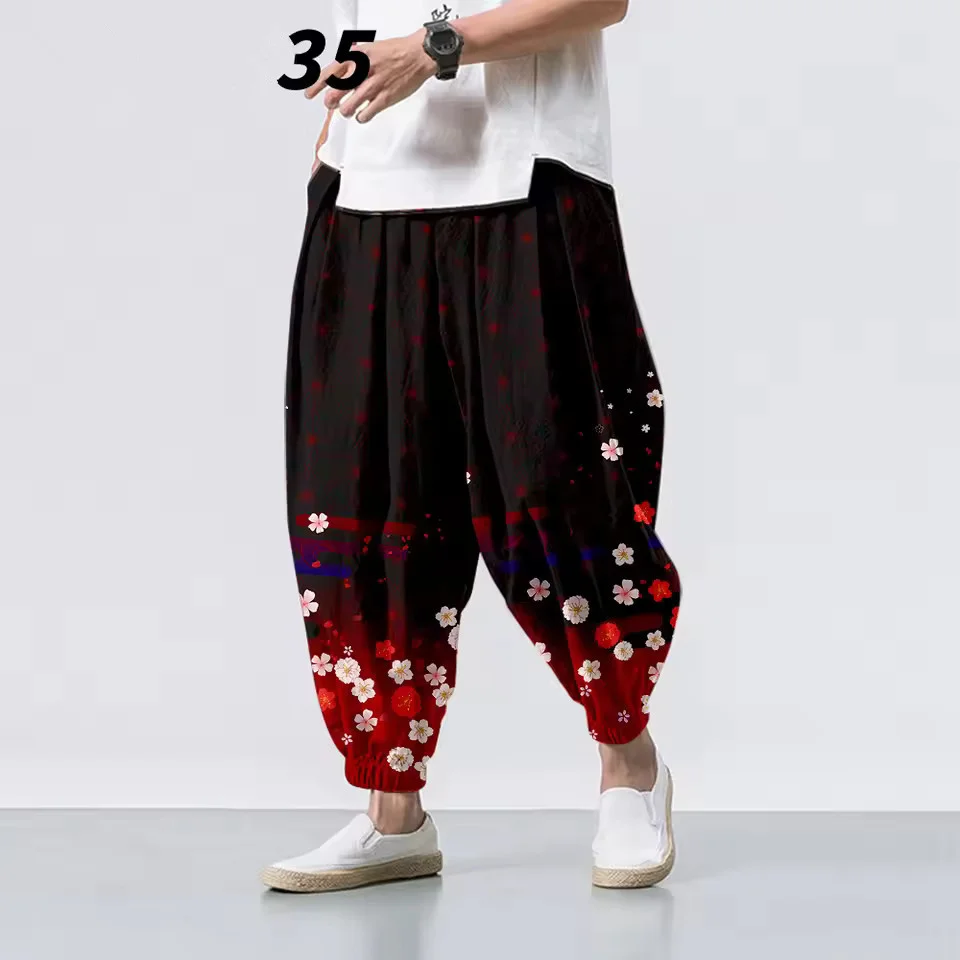 Flower Fox Splicing Printed Casual Beach Harem Pants Men Hip Hop Nine Points Trousers Jogger Sweatpants