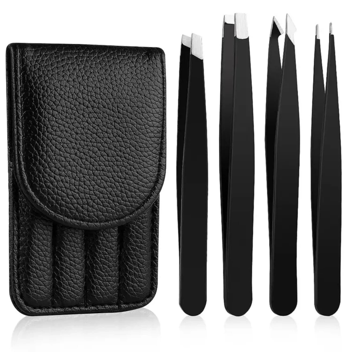 Set of 4 Durable Stainless Steel Precision Tweezers with Portable Travel Case for Easy Plucking and Grooming Essentials