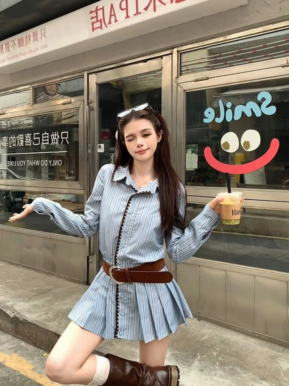 

Academic Aesthetic Blue Stripe Polo Dress Women Pleated Hem Paneled Waist Preppy Style Dark Academia Tennis Club Core Collegiate