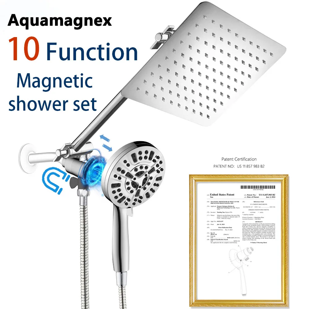 

Магнитный душевой набор Aquamagnex, 8-дюймовый квадратный верхний распылитель, 10 функций, фильтр под давлением, тройник для душа