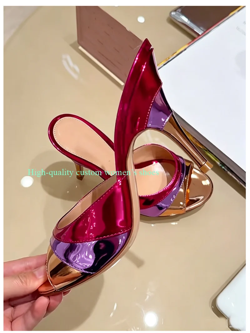 

Gorgeous Shell Color Blocking Leather Stilettos Sandals Pointed Exposed Toes Shallow Dreamy Slippers Luxury Original Footwear