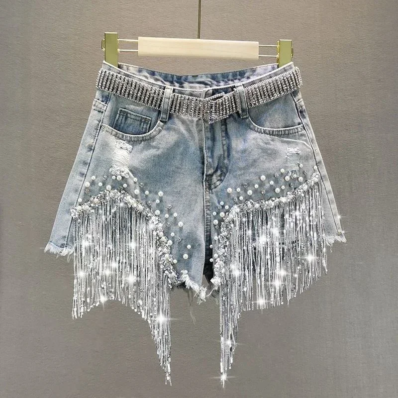 

Summer Elegant Female Casual Shorts Jeans Women Clothing Hot PantsShorts Lady Tassel Beading High Waist Wide Leg Denim Shorts